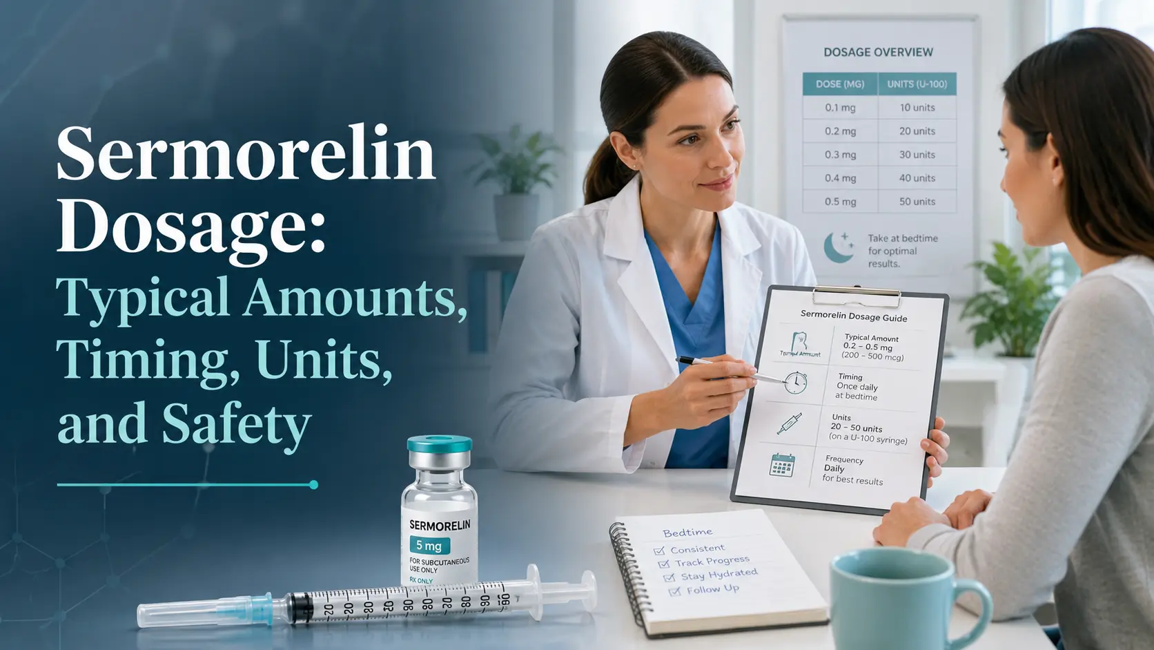 Female doctor showing a sermorelin dosage guide to a patient beside a 5 mg vial and syringe, with the headline “Sermorelin Dosage: Typical Amounts, Timing, Units, and Safety.”