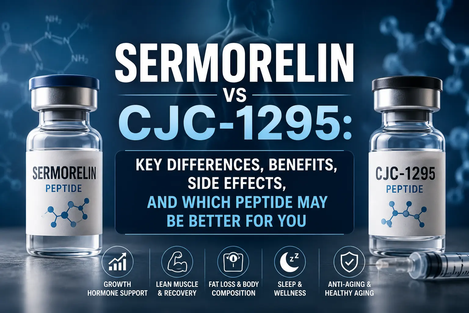 Horizontal featured image comparing Sermorelin and CJC-1295 peptide therapy, featuring medical peptide imagery, molecular graphics, and overlaid text reading “Sermorelin vs CJC-1295: Key Differences, Benefits, Side Effects, and Which Peptide May Be Better for You.”