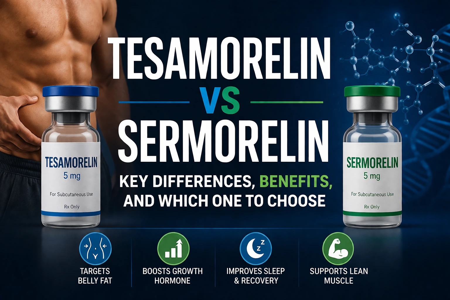 Horizontal featured image showing tesamorelin vs sermorelin comparison with peptide vials, syringe, abdominal fat graphic, and relaxed man, with bold overlay text about key differences and benefits
