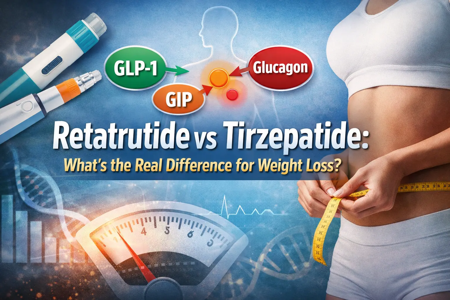 Horizontal featured image comparing retatrutide vs tirzepatide for weight loss, showing injection pens, hormone pathway graphics, and a person measuring their waist, with overlaid text “Retatrutide vs Tirzepatide: What’s the Real Difference for Weight Loss?”