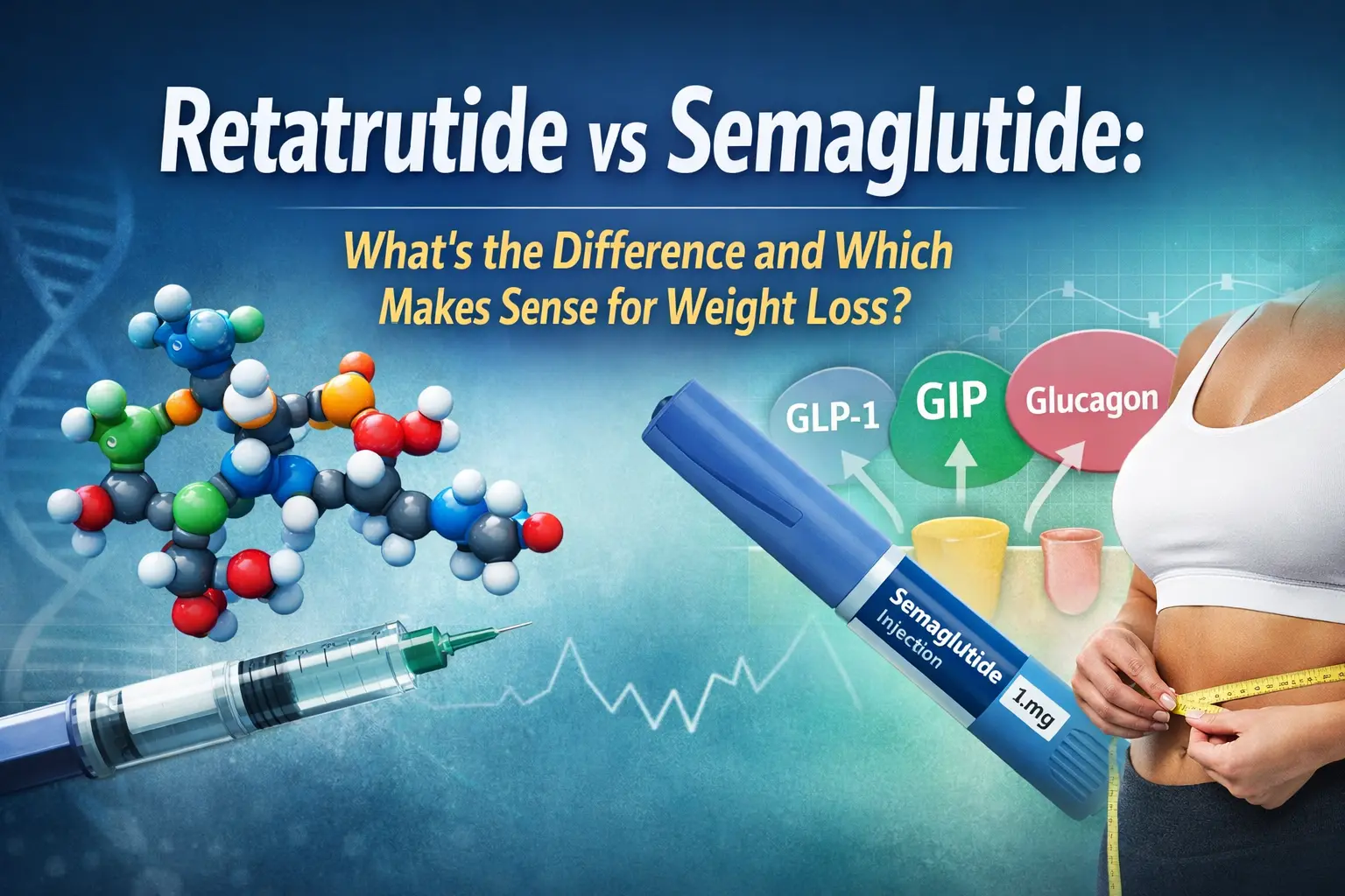 Horizontal comparison image showing retatrutide and semaglutide for weight loss, with injection imagery, hormone pathway graphics, and text reading “Retatrutide vs Semaglutide: What’s the Difference and Which Makes Sense for Weight Loss?”