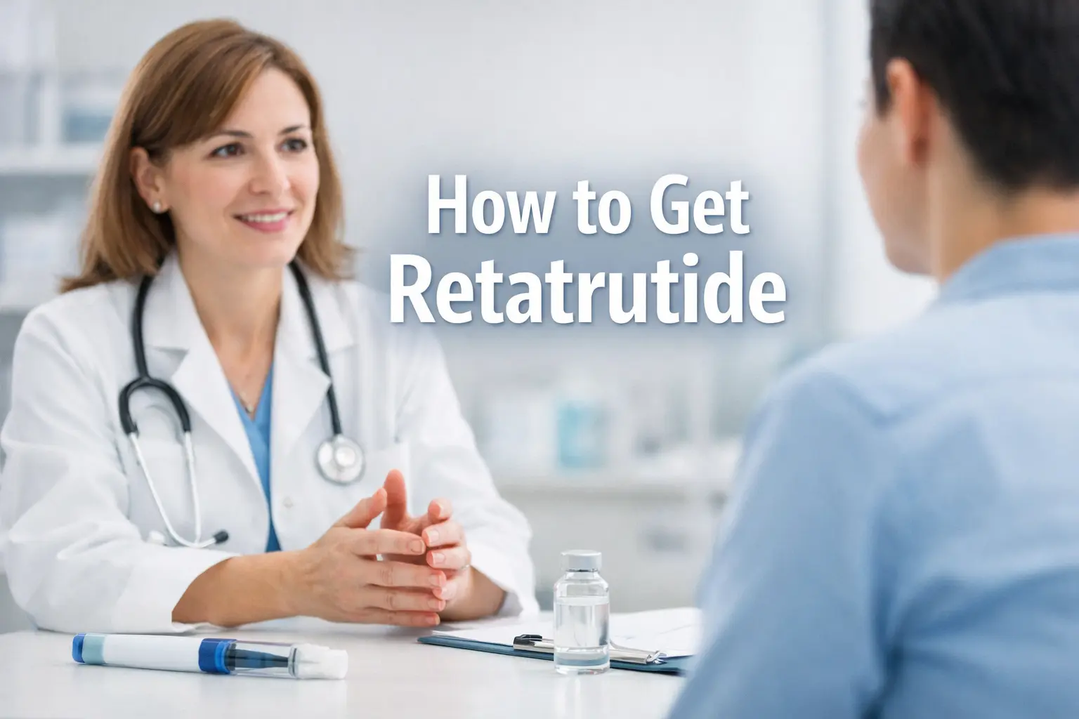 Female doctor discussing injectable weight loss medication with a patient in a medical office, with text reading “How to Get Retatrutide.”